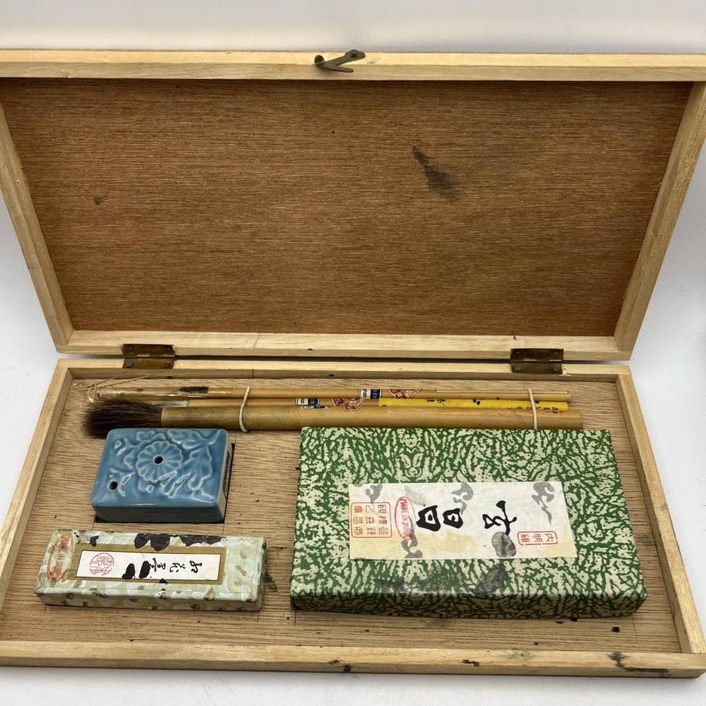 Vtg Japanese Calligraphy Set Nara Jubundo Wood Box 3 Brushes Sumi Suzuri Stone